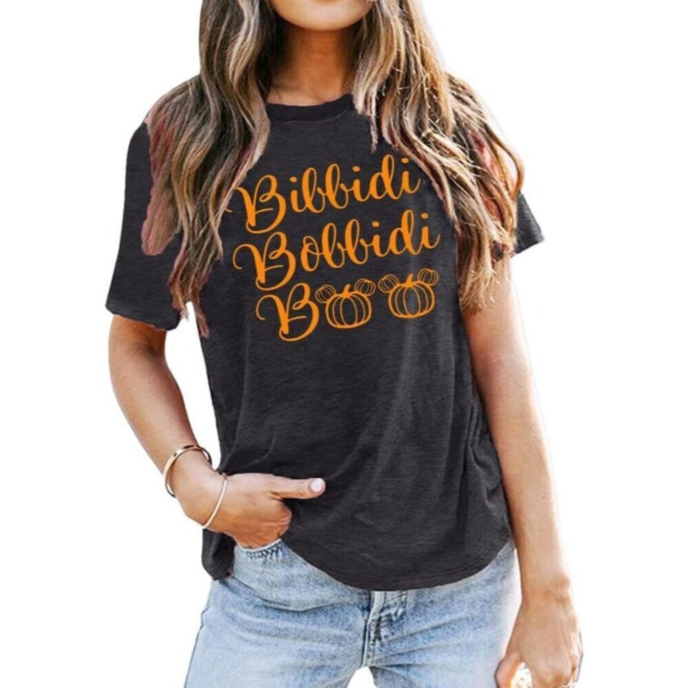 Women Halloween T-Shirt Funny Letter Print Casual Cotton Blend Top Large